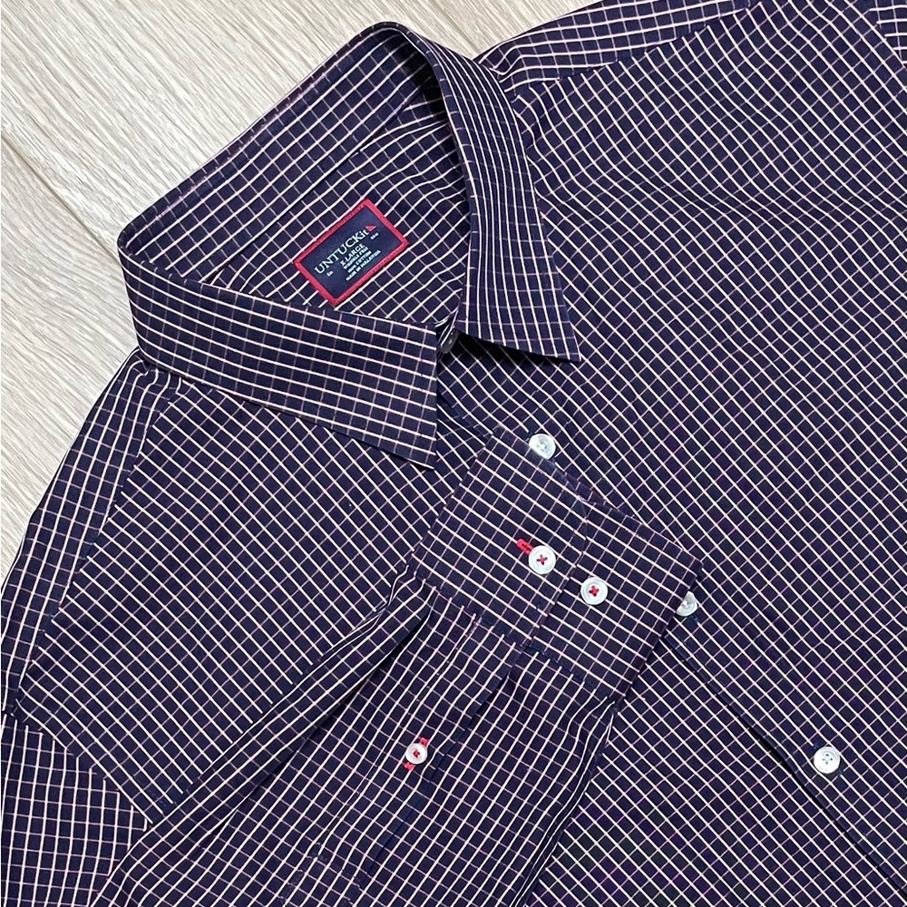 Untuckit Shirt Mens XL Navy Blue Check Long Sleeve Button Up Wrinkle Free Graach